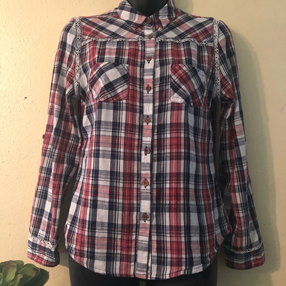 WOMANS SMALL PLAID LACE TRIM COUNTRY BLUE RED WHIT